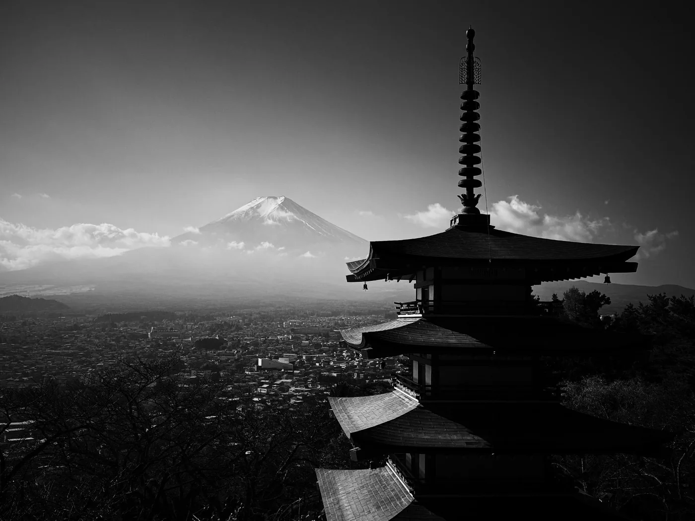 Mount Fuji behind a pagoda